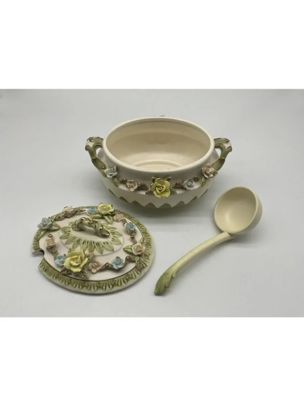 Lenwile Ardalt Fine Tureen, Lid and Ladle Set # 7004 Capodimonte Style Flowers